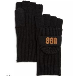 UGG Black Knit Convertible Fingerless Gloves with Tan Logo